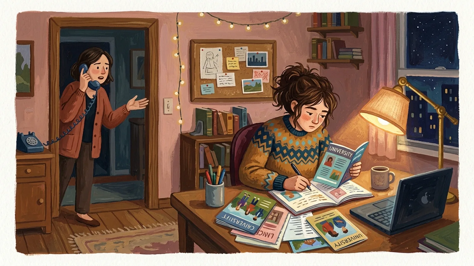 Gouache painting of a teenage girl at a study table at night surrounded by college brochures, her mother on the phone in the doorway asking questions