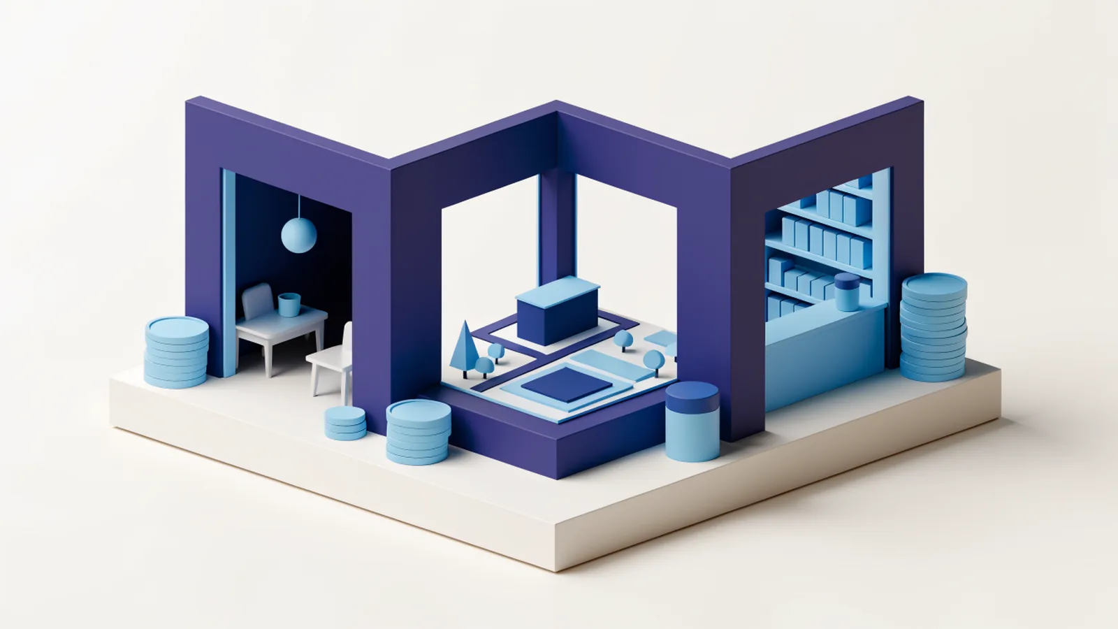 Isometric diorama of three tiny businesses side by side on one board — a coaching classroom, a real-estate site office with a plot model