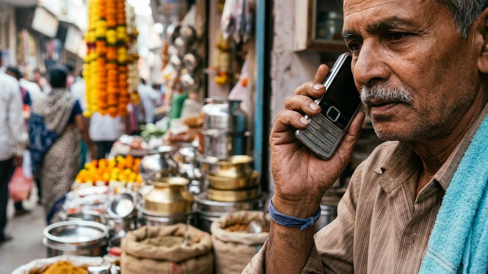 Close-up of an Indian shopkeeper's weathered hand holding an old keypad phone to his ear at a busy market stall, marigolds and steel utensils blurred behind