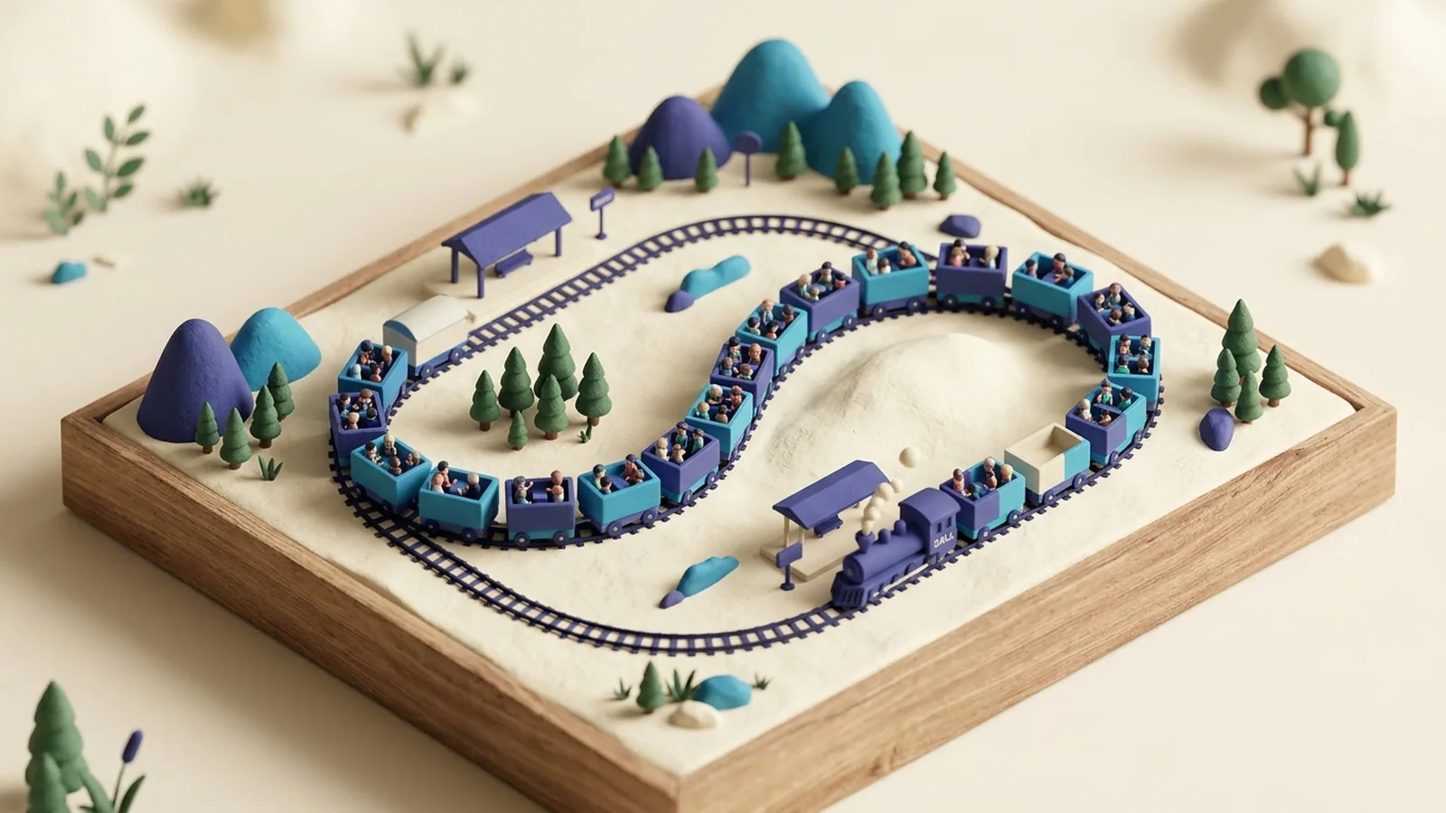 Isometric diorama of a long phone call drawn as a train of small carriages, each carriage one equal block of time