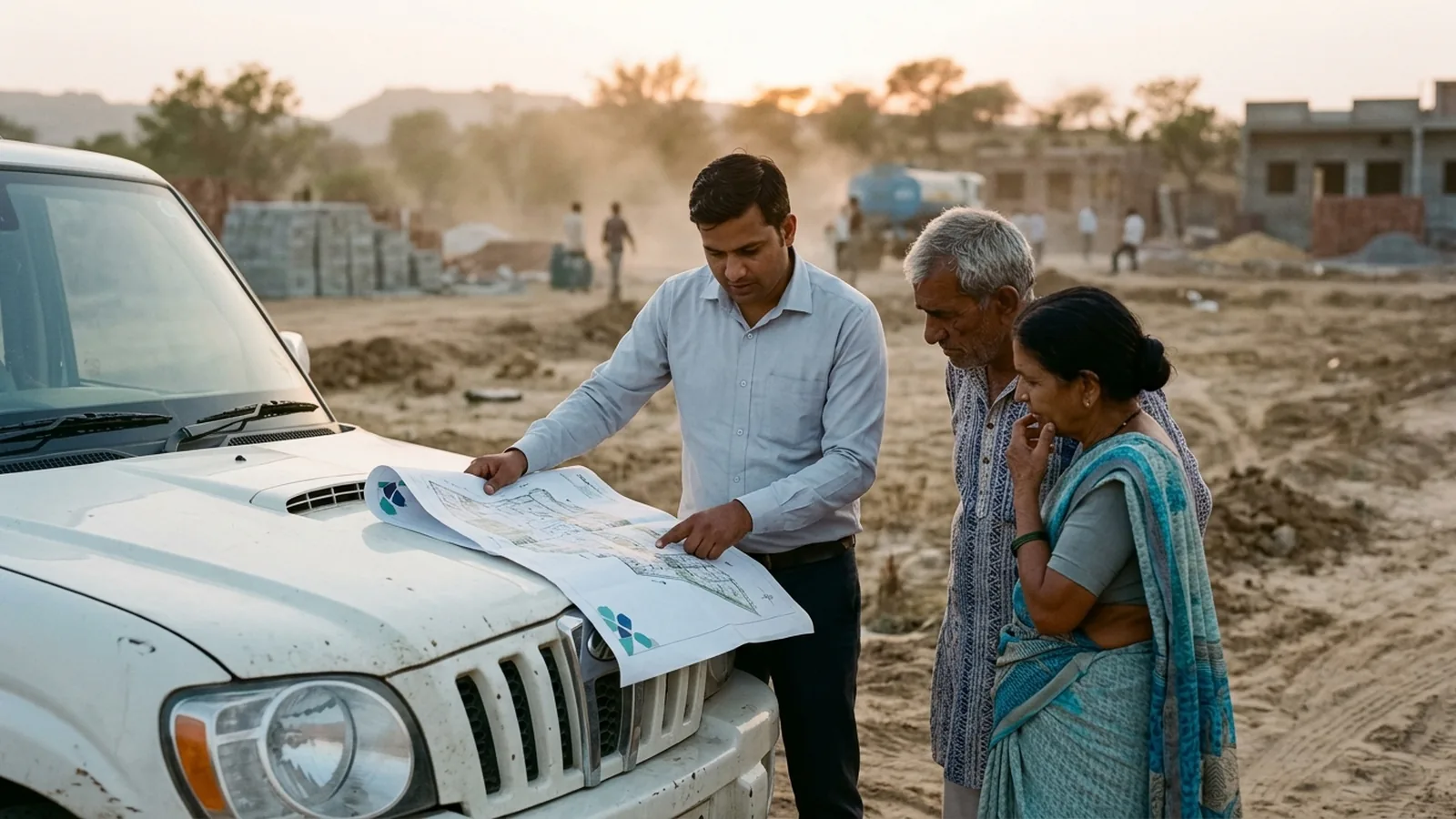 A site executive in a pressed shirt unfolding a large printed layout map on the bonnet of a white SUV at a plot site, an elderly couple leaning in to look