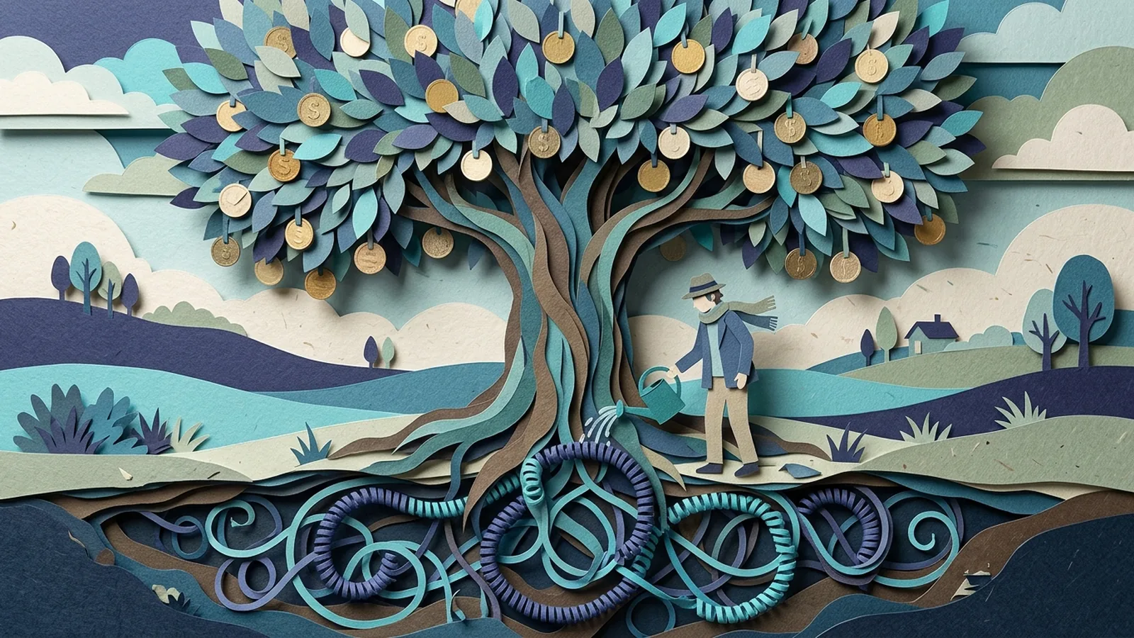Paper-cut scene of a tree whose roots are made of telephone cords and whose fruits are small paper coins, a gardener with a watering can at its base