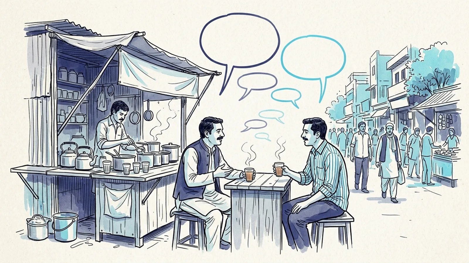 Ink-and-watercolour drawing of two people talking at a tea stall with simple speech shapes between them getting shorter and lighter as the conversation flows