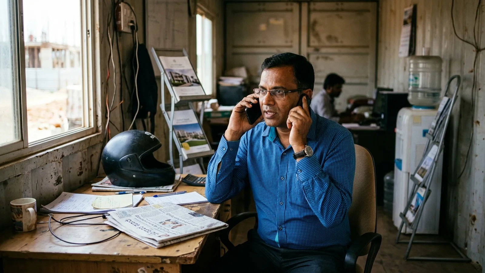 A Bengaluru real-estate site office in a container cabin at a new layout, a sales executive on the phone with a Kannada newspaper folded on the desk