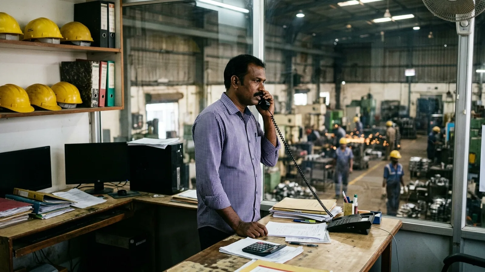 A Chennai auto-components factory office overlooking the shop floor through glass, a purchase manager in a checked shirt on the phone, safety helmets on a shelf