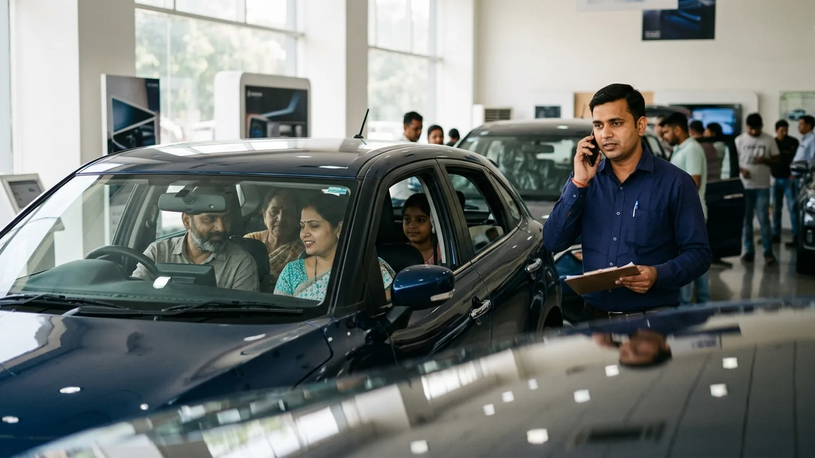 A busy car showroom in Noida on a Saturday, a family sitting in a new hatchback while a salesperson takes a call beside them, polished floor reflections