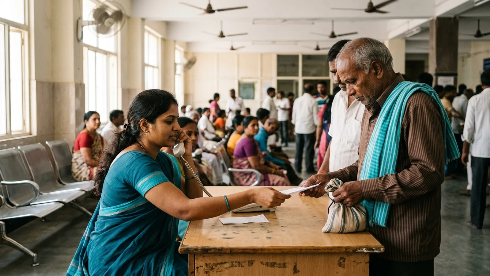A hospital front desk in Hyderabad in the morning rush, a Telugu receptionist in a saree on the phone while handing a token slip to a patient