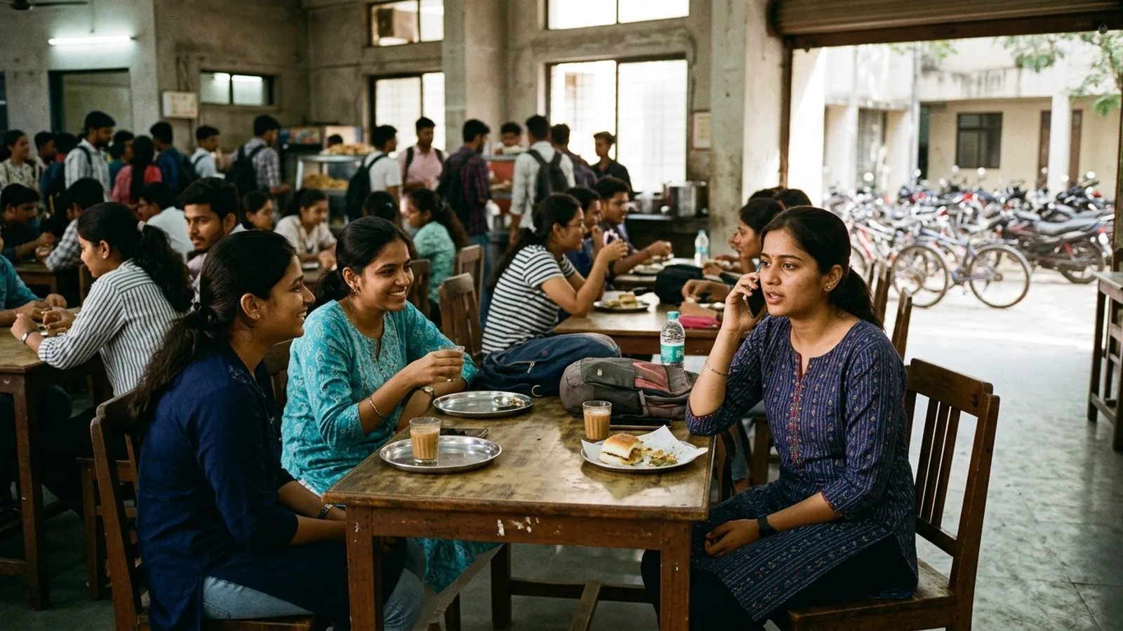 A Pune college canteen in the afternoon, a student on the phone with her father, friends around a table with chai and vada pav, bicycles outside