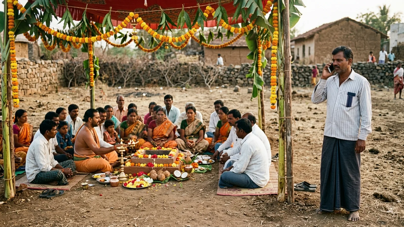 A ground-breaking pooja at an open plot in North Karnataka: a small decorated mandap with marigolds and banana leaves, families gathered, a priest