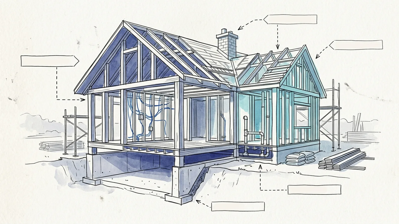 Ink-and-watercolour architectural sketch of a house under construction with labelled-looking (but text-free) parts — foundation, pillars, wiring, roof