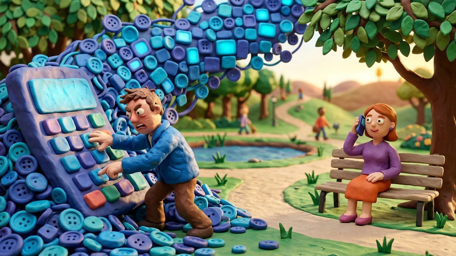 Clay-style scene of a frustrated plasticine man pressing buttons on a giant keypad that keeps growing