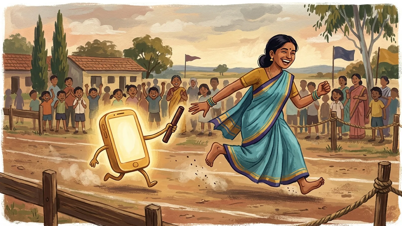 Gouache painting of a relay race on a dusty school ground: the first runner is a small glowing telephone handing the baton to a smiling Indian saleswoman who sp