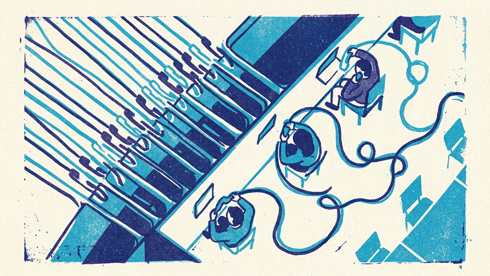 Illustration of routine call centre tasks flowing to an AI node while a human agent handles a sensitive conversation