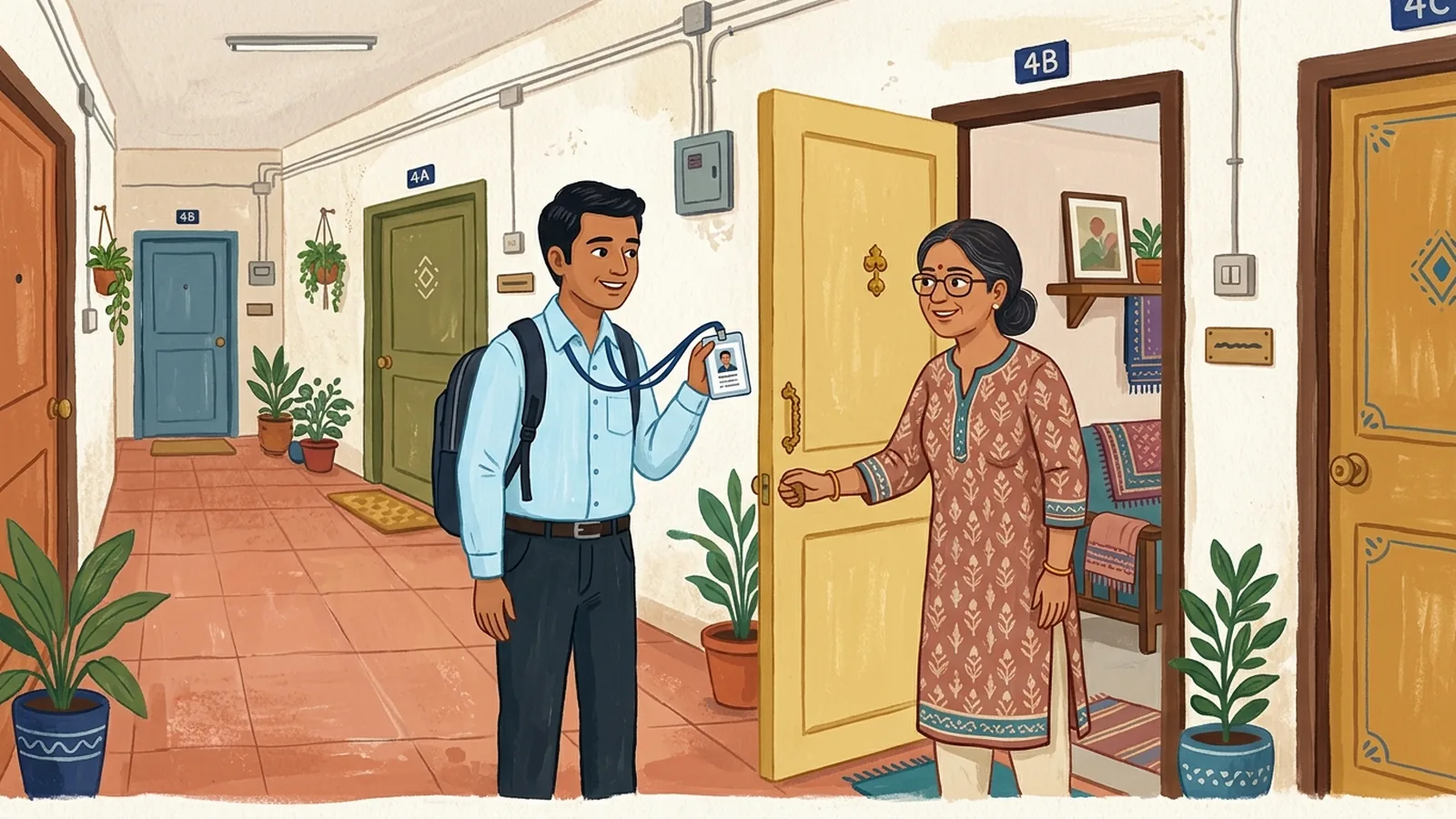Gouache painting of a polite visitor in a crisp shirt standing at an Indian apartment door holding his ID card up clearly