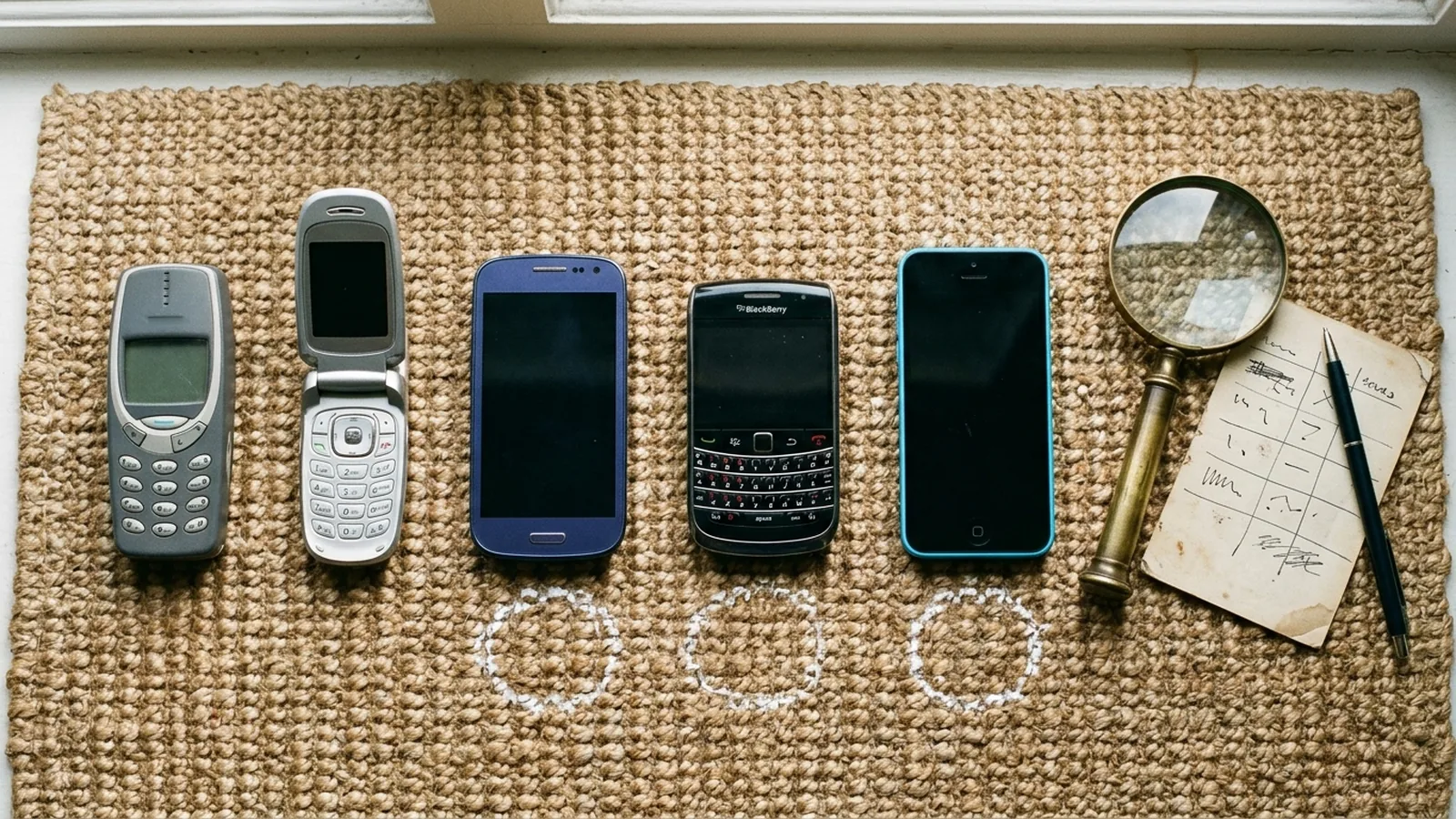 Flat-lay of a shortlist process: five different phones of different eras laid in a row on a jute mat, two of them circled with chalk