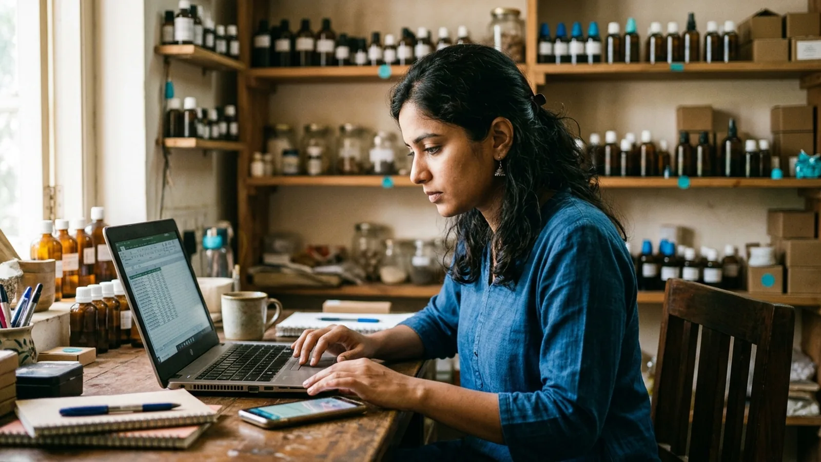 A young woman founder of a D2C wellness brand in her small home office, laptop open with a spreadsheet, phone vibrating on the desk