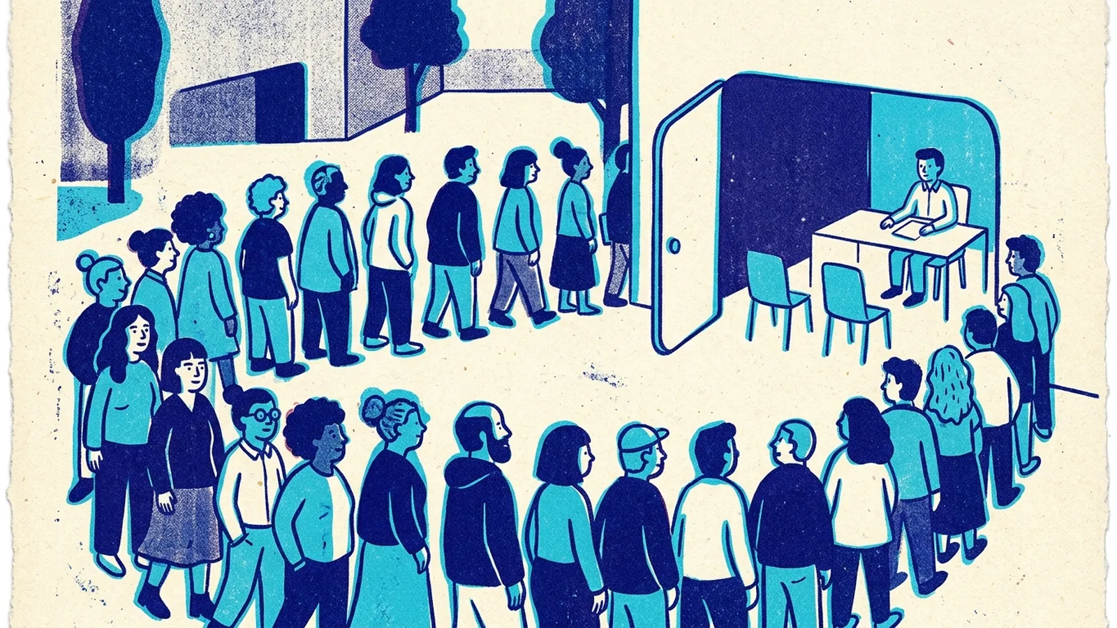 Risograph print of a long queue of diverse people that funnels through a friendly doorway into a small interview room where one recruiter waits with two chairs