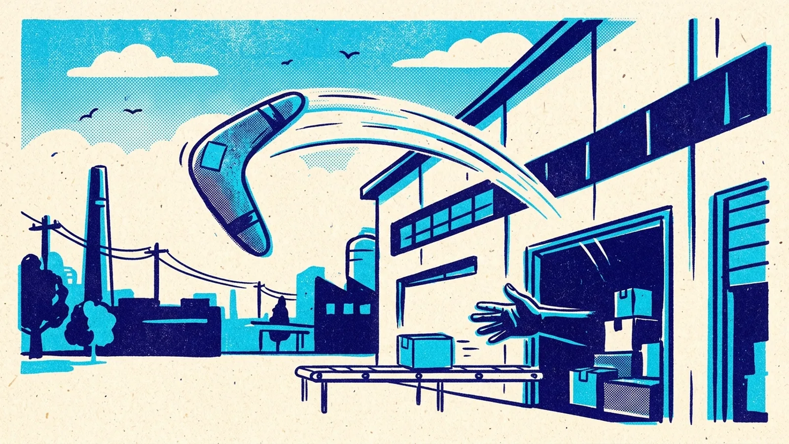 Risograph print of a boomerang-shaped parcel flying back towards a warehouse, with a hand reaching out from a doorway to catch the next parcel before it turns a