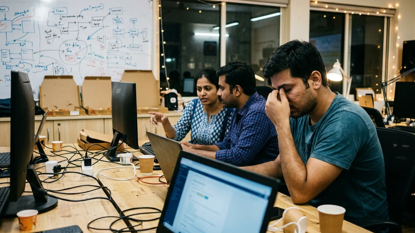 A small engineering team in a cramped Bengaluru startup office at night, pizza boxes and whiteboards covered in diagrams