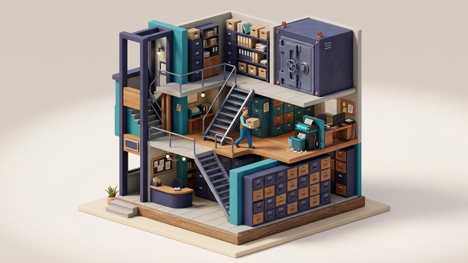 Isometric miniature archive building with neatly labelled-looking (text-free) drawers, a small shredder on one floor, a locked vault on another