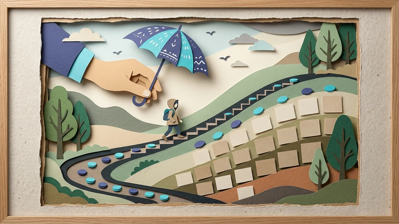 Layered paper-cut scene of a calendar page as a hillside path where a small figure walks up gentle steps marked by paper coins