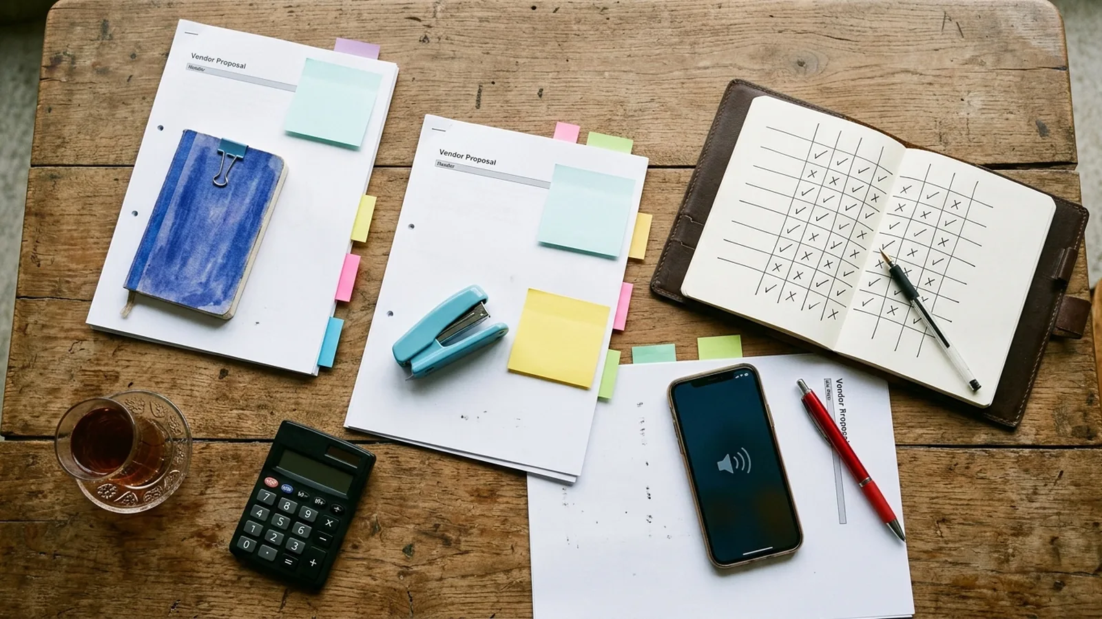 Overhead view of a desk mid-evaluation: three printed vendor proposals with sticky notes, a red pen, a phone on speaker, a cup of cutting chai