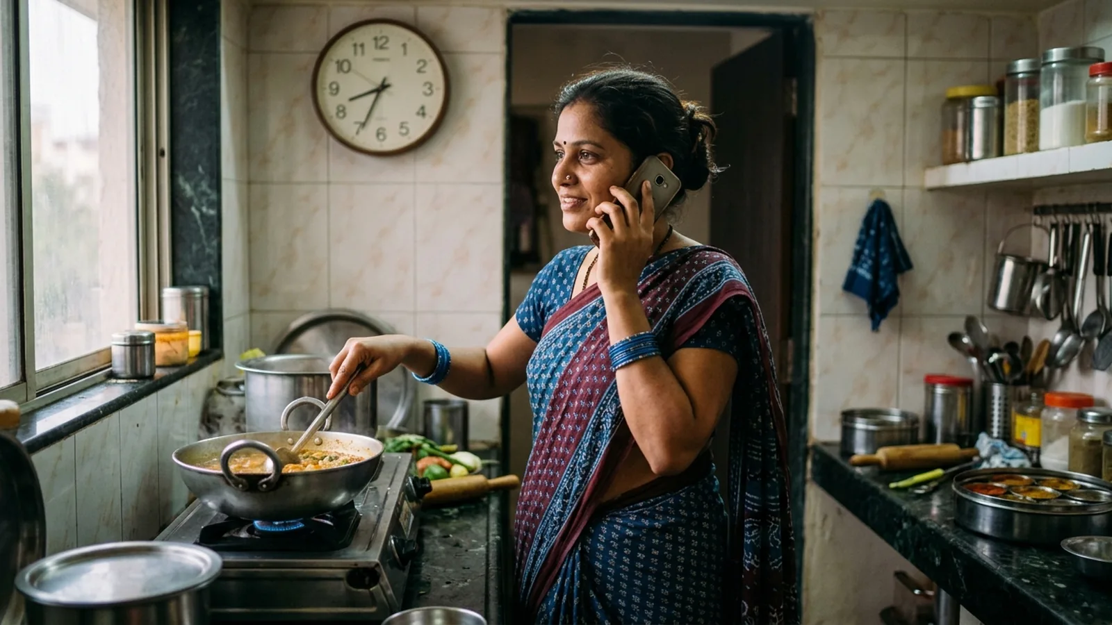 A young mother in a kitchen in Pune, phone tucked between ear and shoulder while stirring a pot, relaxed expression, late evening light