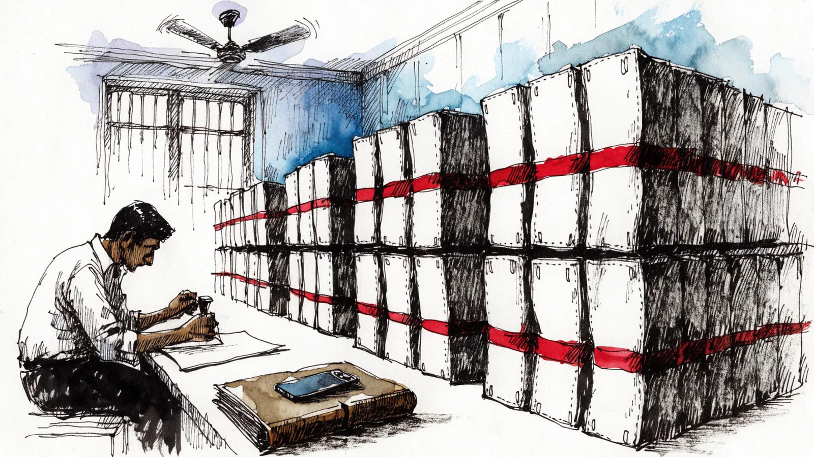 Ink-and-wash drawing of a government records office in India: rows of cloth-bound files tied with red tape, a ceiling fan, a clerk stamping a document