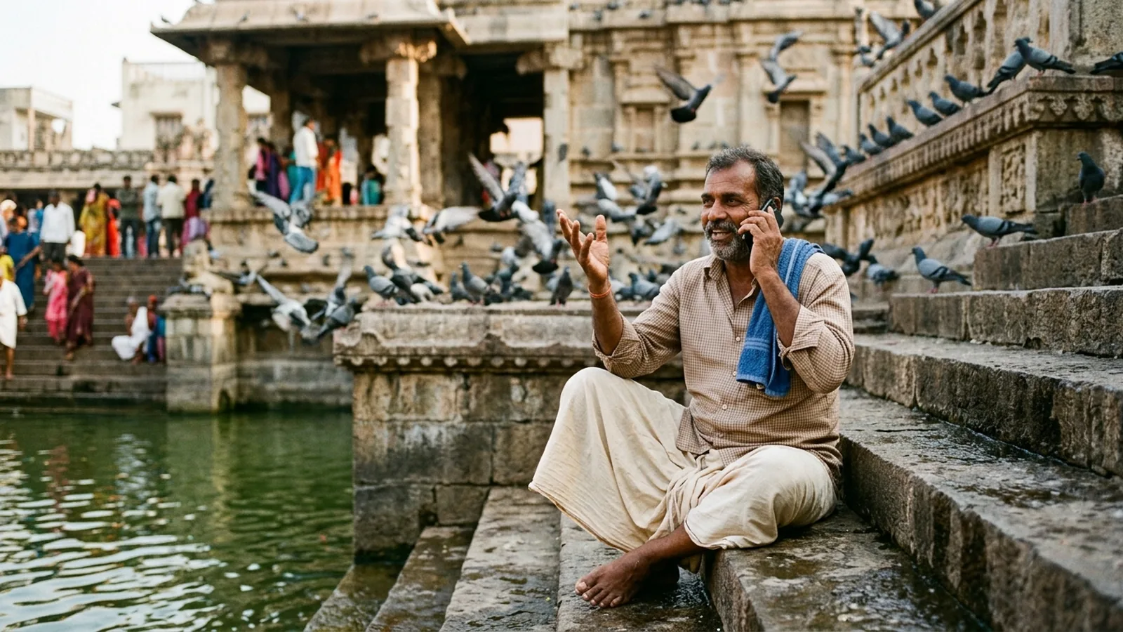 A middle-aged man in a dhoti on the steps of a temple tank in a North Karnataka town, phone at his ear, gesturing as he explains something
