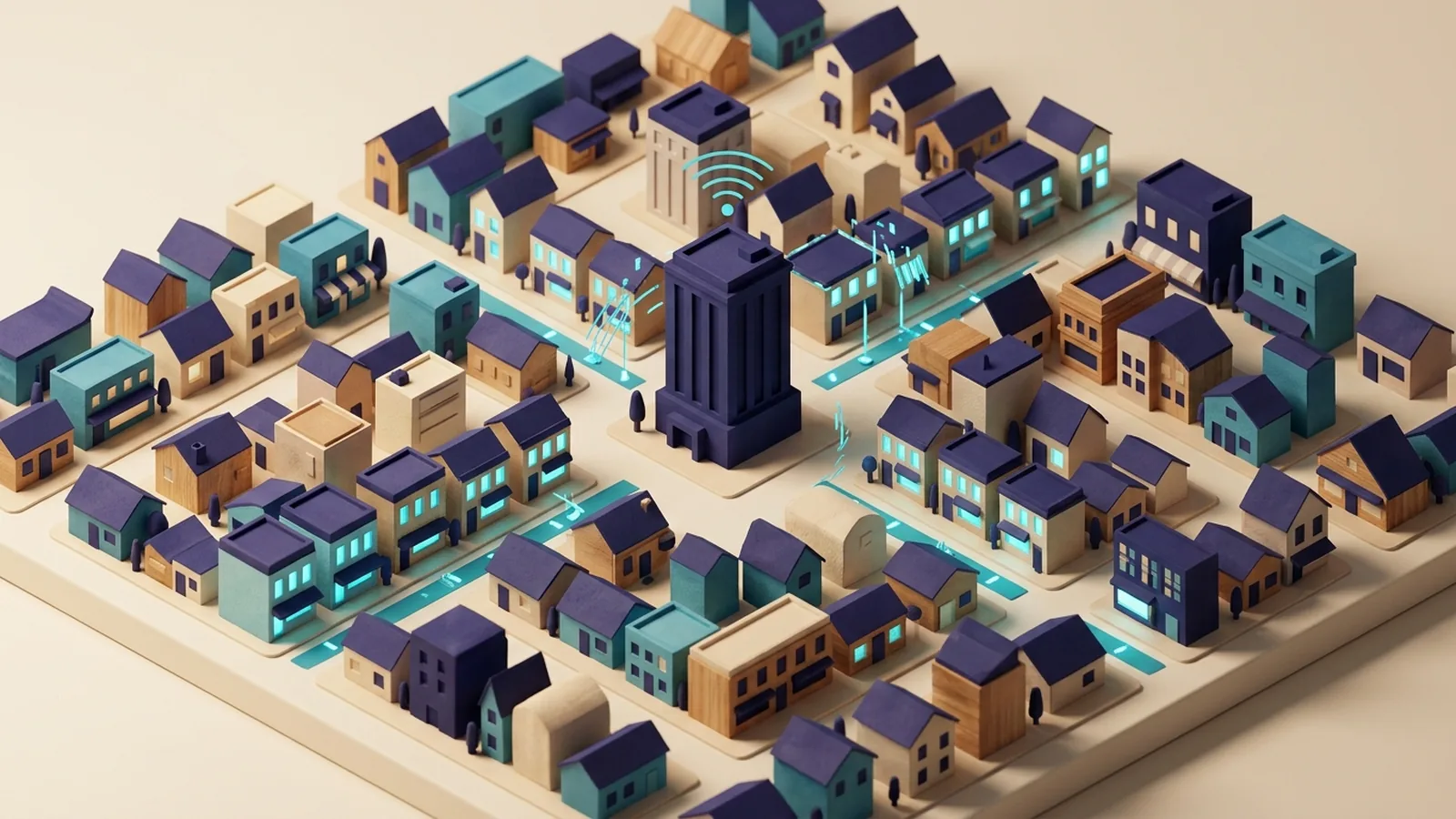 Isometric miniature city at night with dozens of tiny homes and shops, a few windows lighting up one after another in a wave pattern in cyan as calls reach them