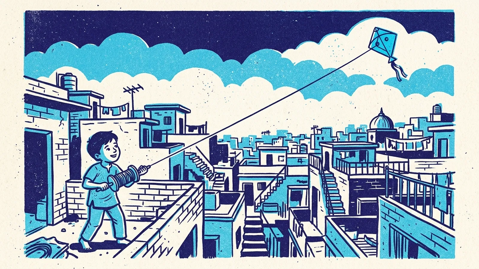 Risograph print of a kite flying over Indian rooftops on a long string that stays taut
