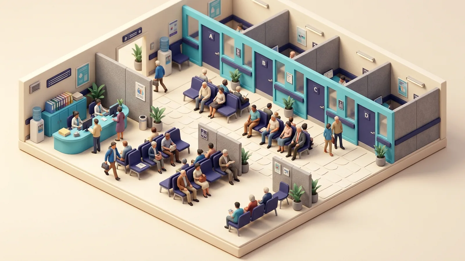 Isometric hospital outpatient floor in miniature with a row of doctor cabins, most chairs filled and a couple of empty slots being filled as tiny patients walk