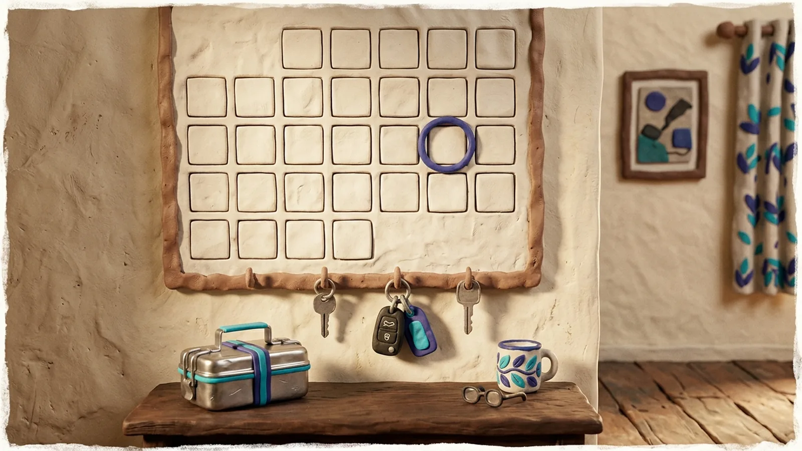 Clay-style scene of a plasticine family's living room wall calendar with one Sunday circled, a car key on a hook below it and a packed snack tiffin on the table