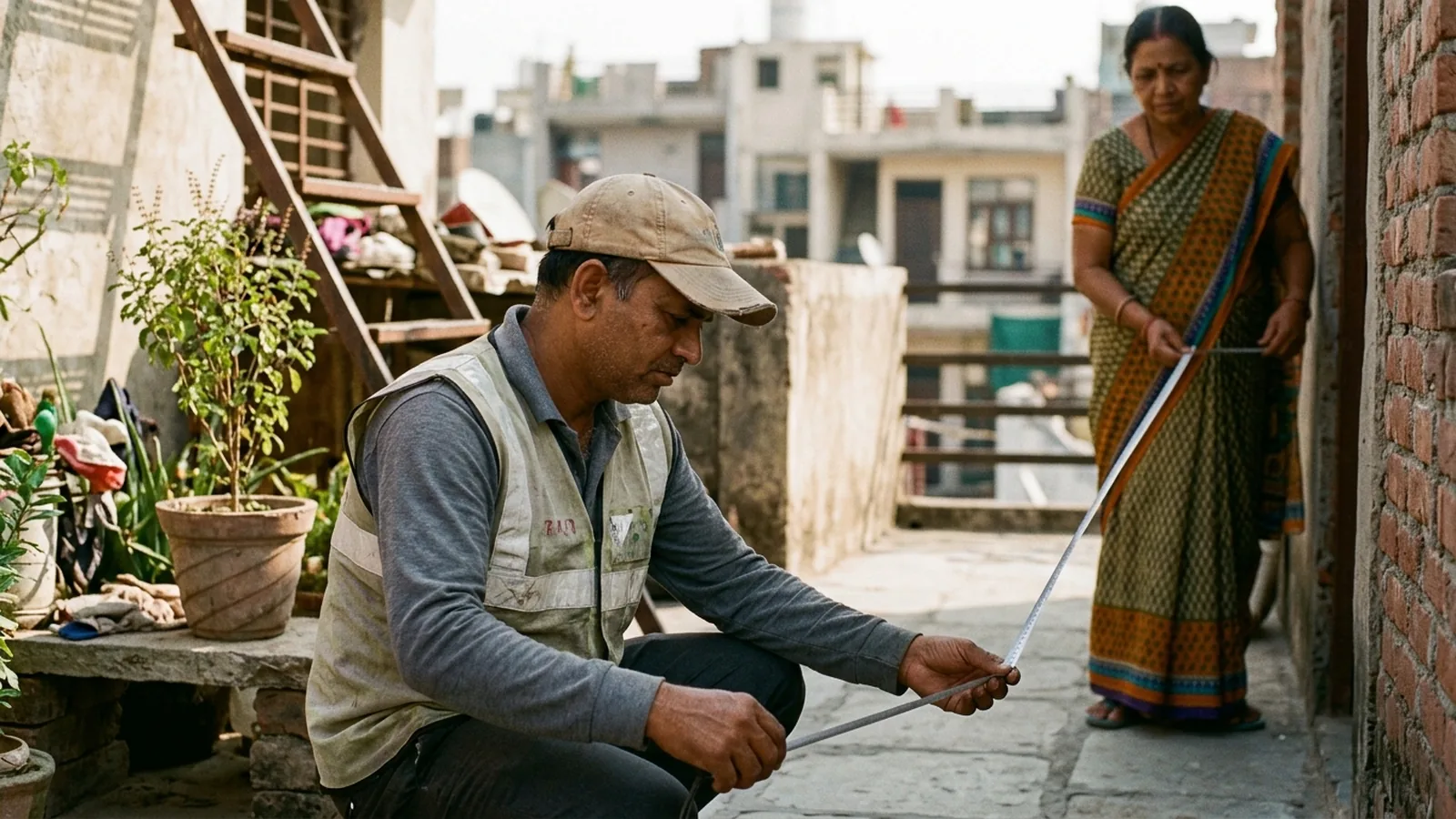 A solar surveyor in a cap and reflective vest measuring a terrace with a long tape, the homeowner holding the other end, a ladder and potted tulsi plant nearby