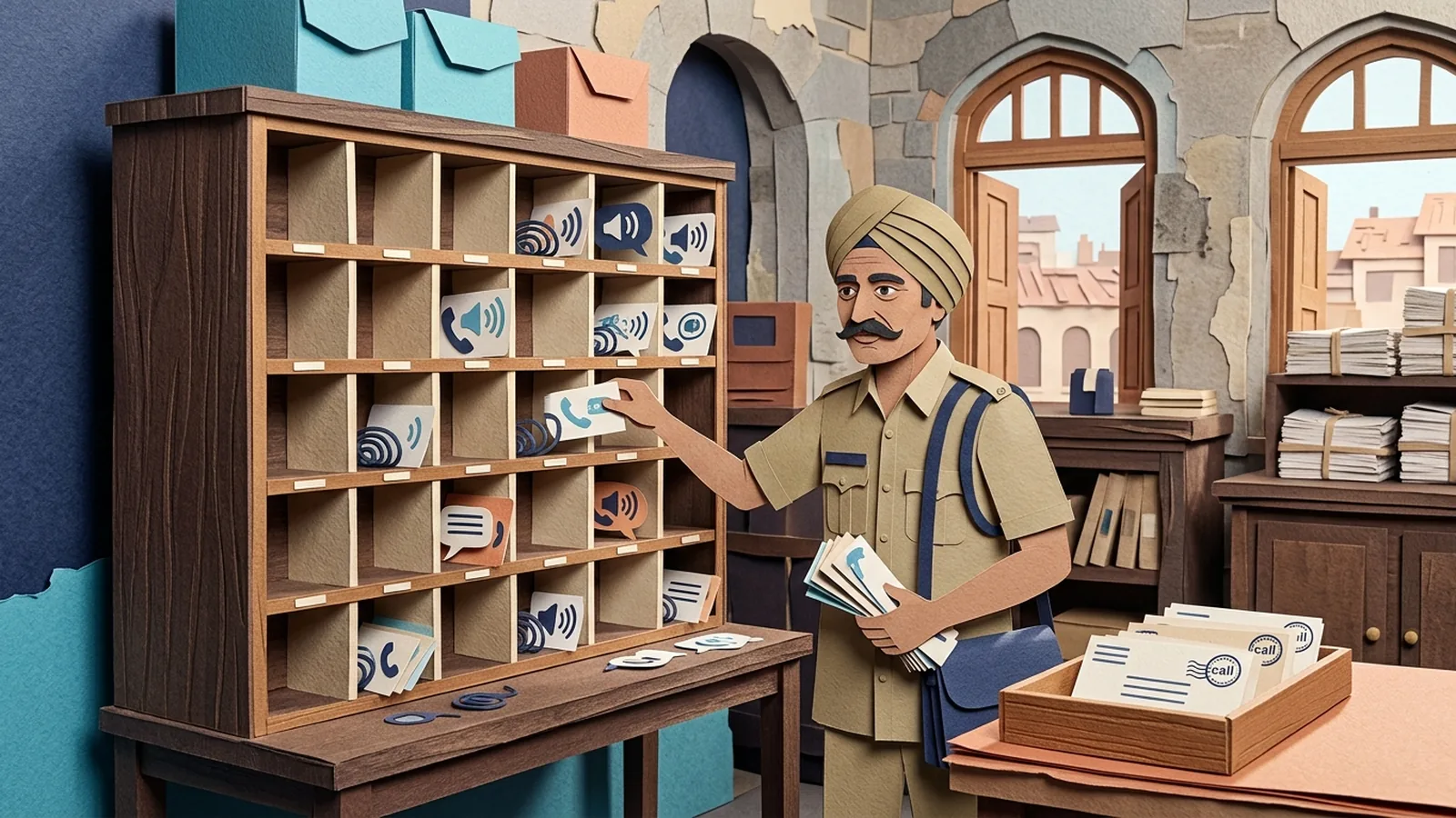 Layered paper-cut scene of a postman sorting phone calls like letters into pigeon-holes — some slotted neatly