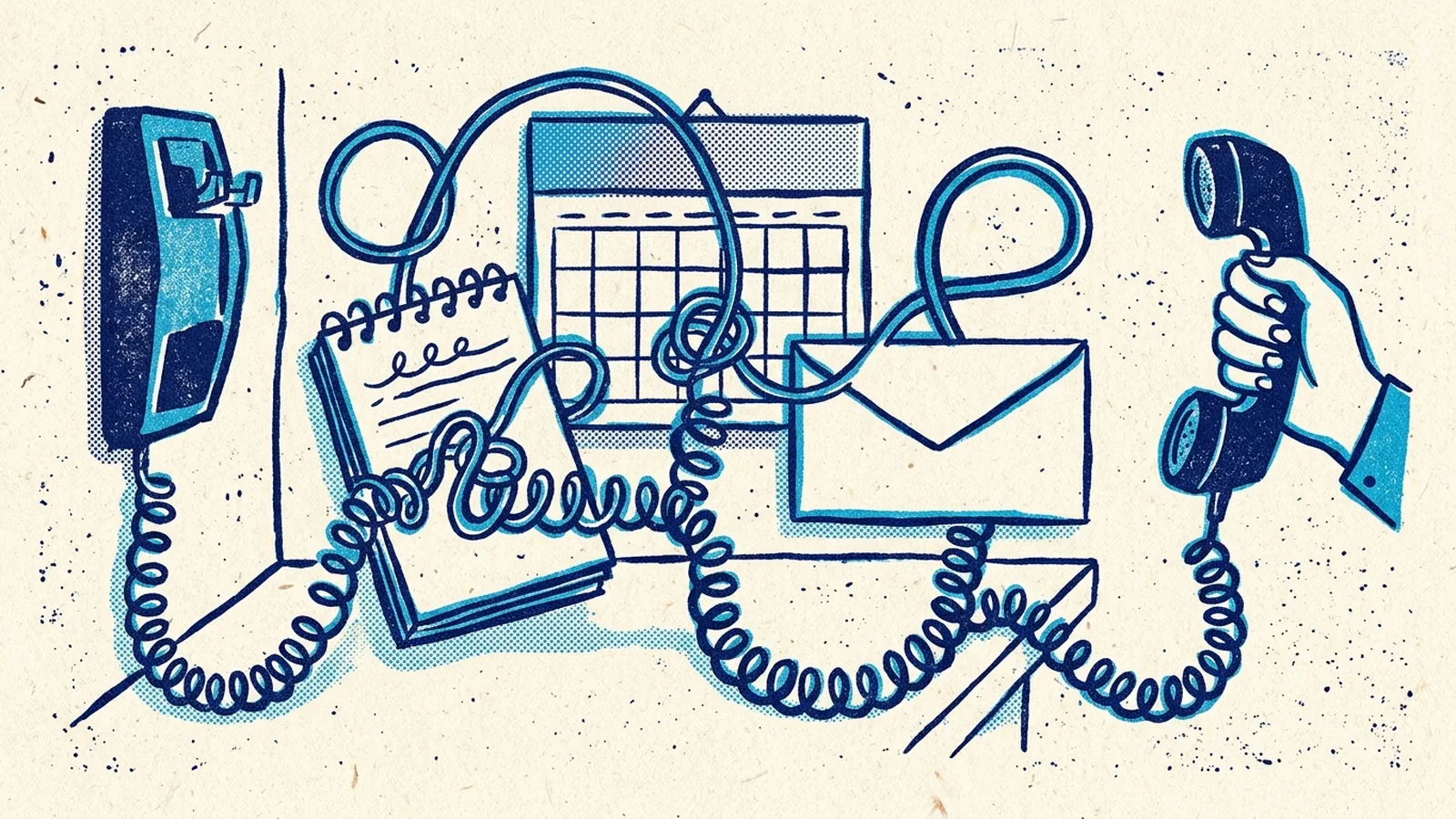 Risograph print of a single long telephone cord that loops and knots across the page, passing through a notebook