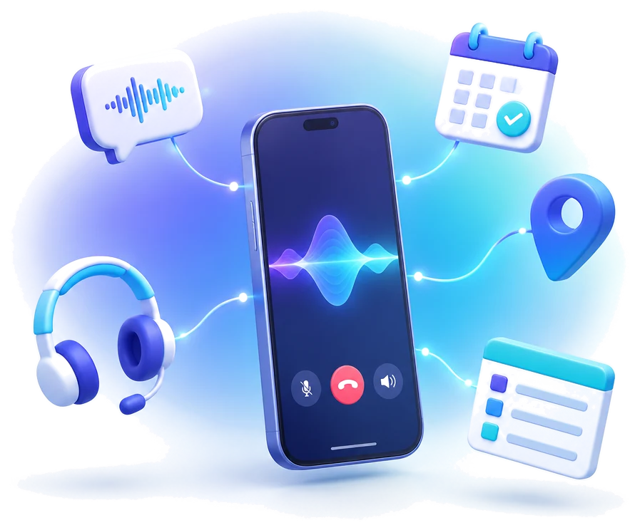 AI calling: a phone call with live voice, calendar booking, location, headset and notes orbiting it