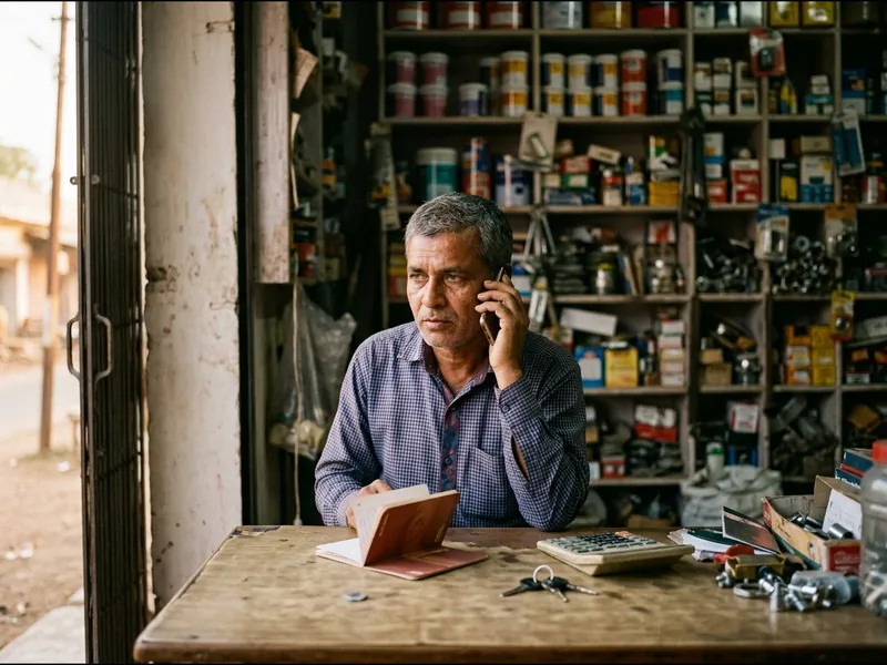 Shop owner on a call about a loan in his hardware store