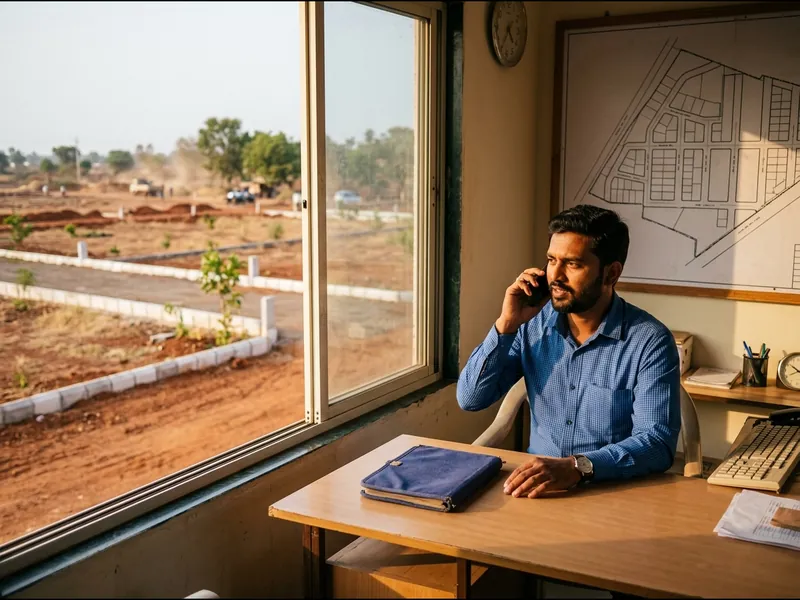 Sales executive on a call at a plotted-layout site office